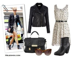 The-art-of-accessorizing-helenhou.com-Karolina-Kurkova-leather-jacket-black-and-white-print-dress-and-ankle-booties