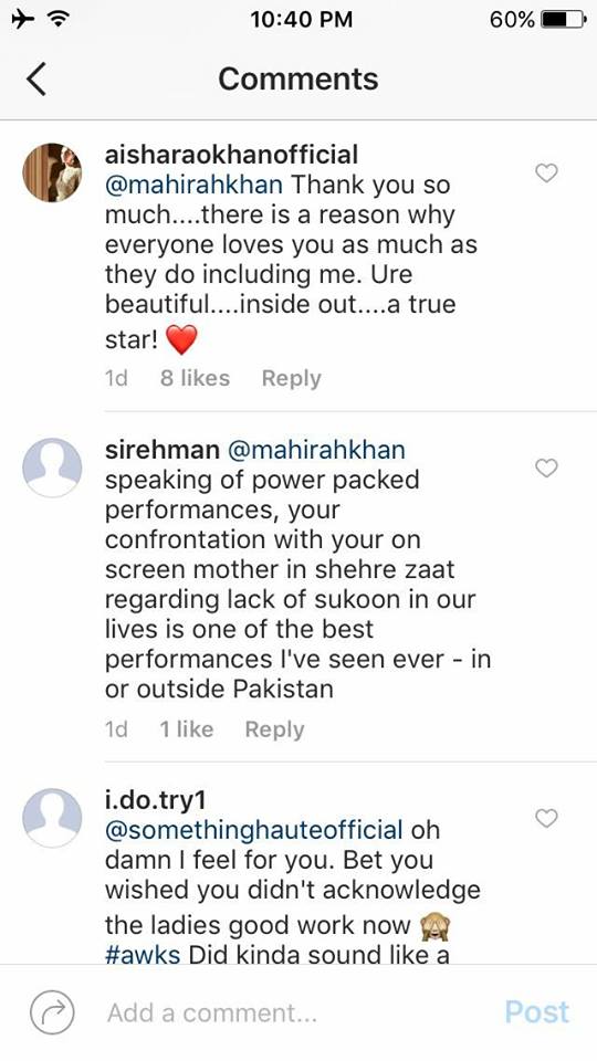 Mahira Khan Supports Aisha Khan on Instagram