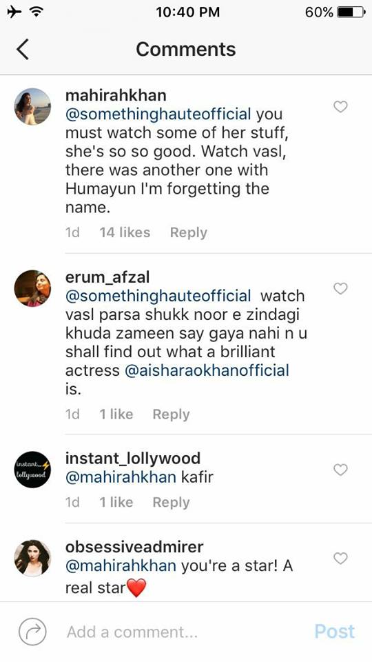 Mahira Khan Supports Aisha Khan on Instagram