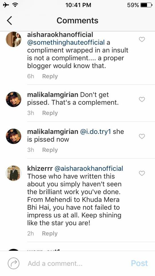 Mahira Khan Supports Aisha Khan on Instagram