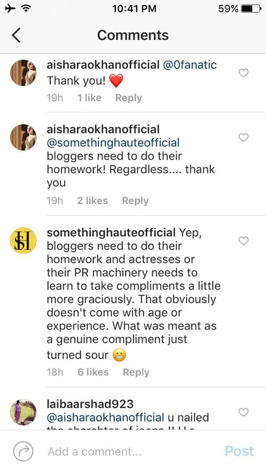 Mahira Khan Supports Aisha Khan on Instagram