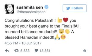 Bollywood congratulates Pakistan on their unforgettable win against India
