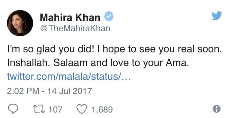 Malala Replies To Mahira's Love