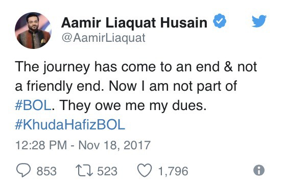 Amir Liaquat Leaves Bol Channel