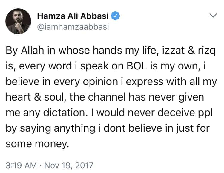 Hamza Ali Abbasi Defends Bol Channel
