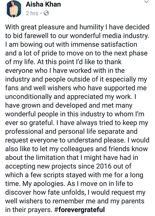 Ayesha Khan Quits Showbiz Industry!