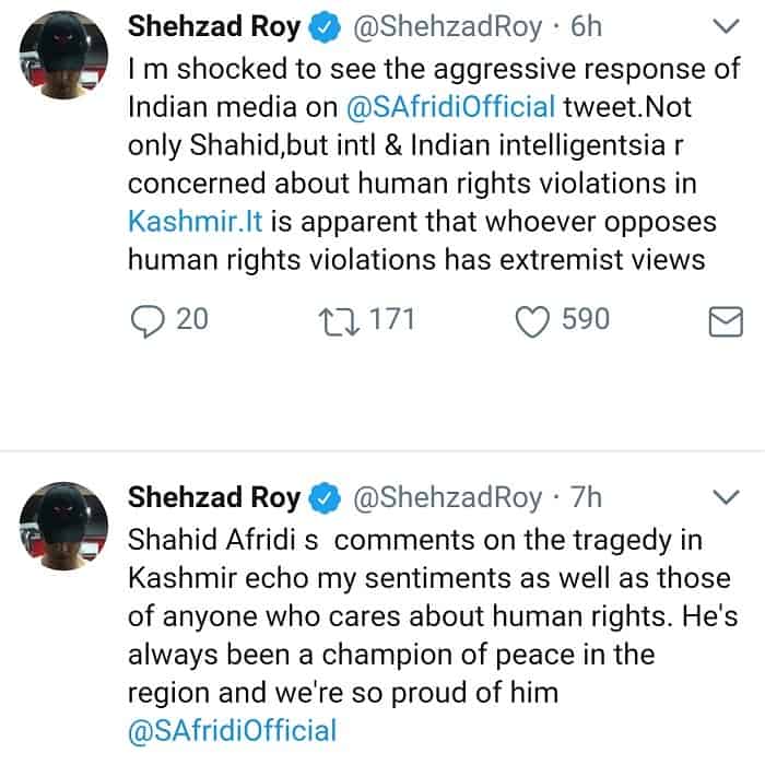 Shehzad Roy Has Supported Shahid Afridi On His Kashmir Comments!