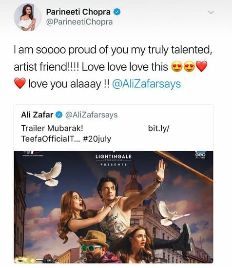 Parineeti Chopra Sends Good Wishes To Former Co-Star Ali Zafar!