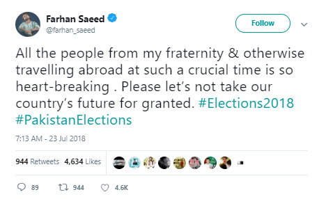 Farhan Saeed Upset With Fellow Celebrities Travelling to Toronto Right Before General Elections