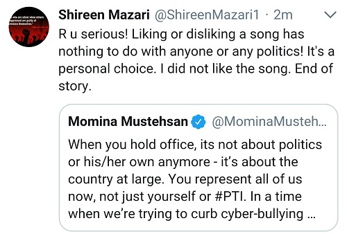 Momina Mustehsan Turns Shireen Mazari's Opinion Into Twitter Feud