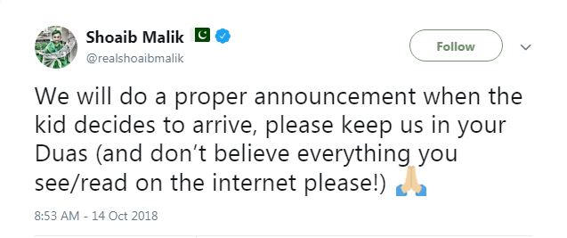 Shoaib Malik’s Tweet On The News Of Birth Of Their Baby