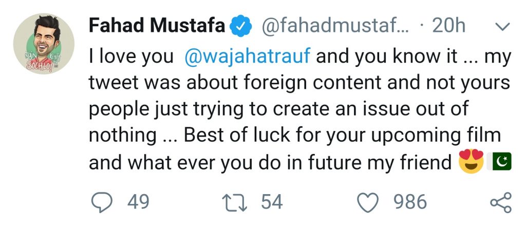 Fahad Mustafa Clarifies Tweet Regarding Web Series