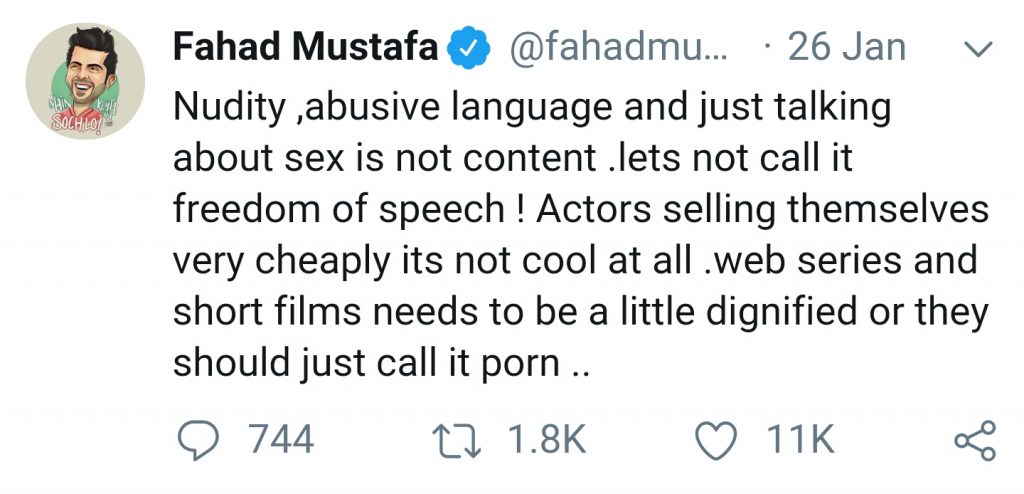 Fahad Mustafa Clarifies Tweet Regarding Web Series