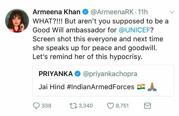 Armeena Khan Calls Out Priyanka Chopra For Promoting War