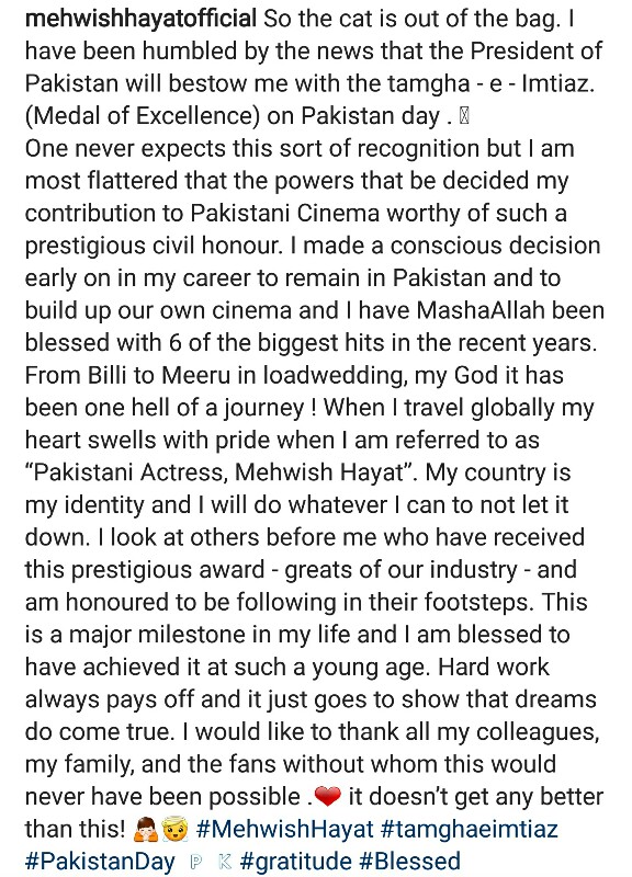 Mehwish Hayat Is Humbled For The Honour She Is Getting