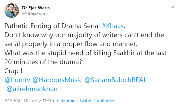Viewers aren't happy with the way the Sanam Baloch starrer 'Khaas' ended last night