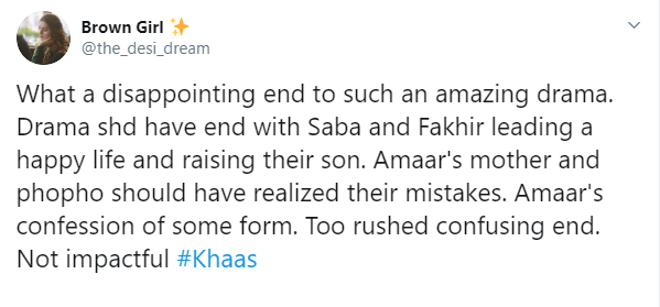 Viewers aren't happy with the way the Sanam Baloch starrer 'Khaas' ended last night