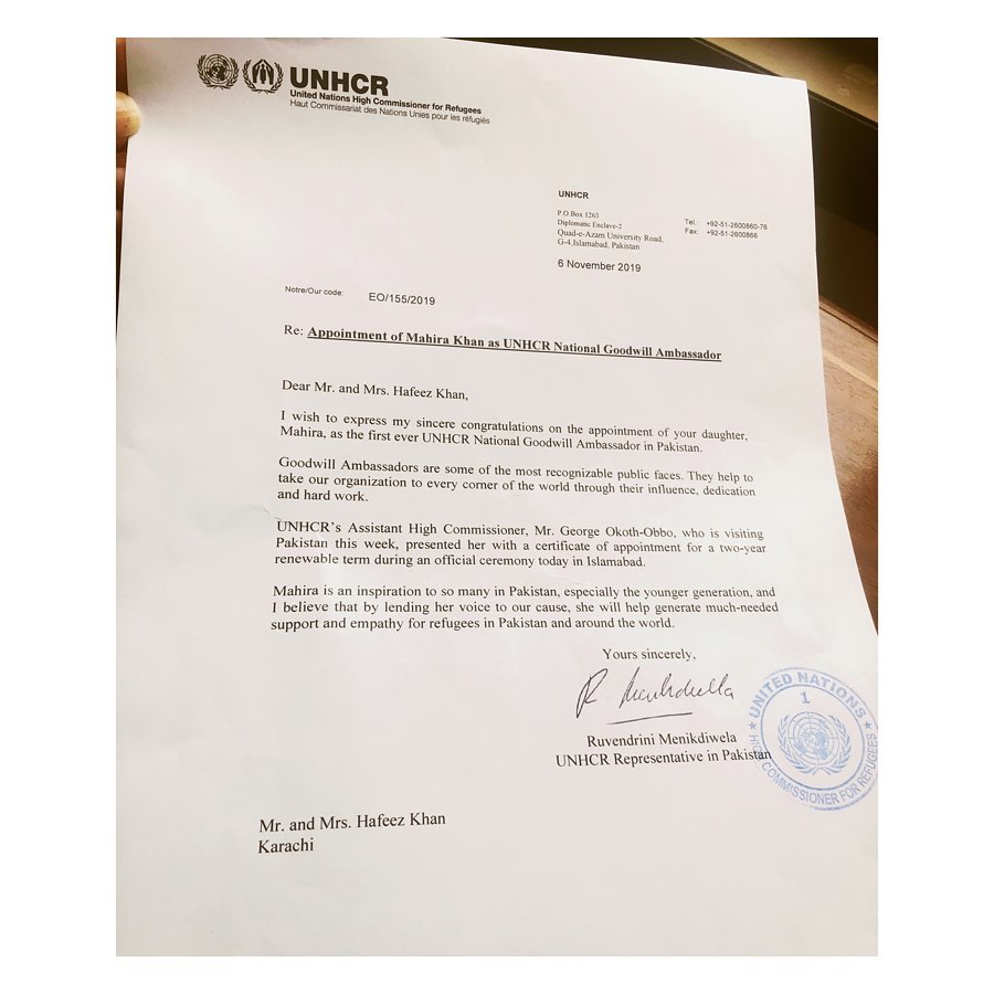 Mahira Khan gets emotional after parents receive letter from UN