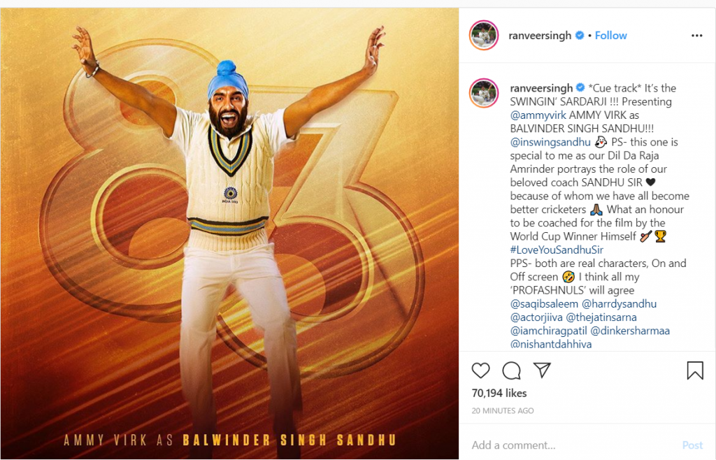 Ranvir Singh Shares ‘83’ Poster as Ammy Virk – Just New!