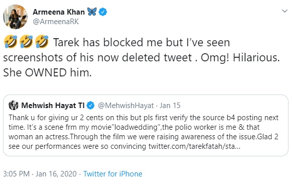 Armeena Khan praises Mehwish Hayat for schooling Tarek Fatah