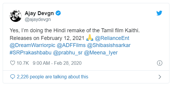 Ajay Devgn Next Tamil Remake Kaithi on it WAY!