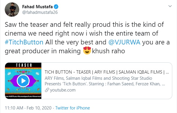 Fahad Mustafa Is All Praises For The "Tich Button" Teaser