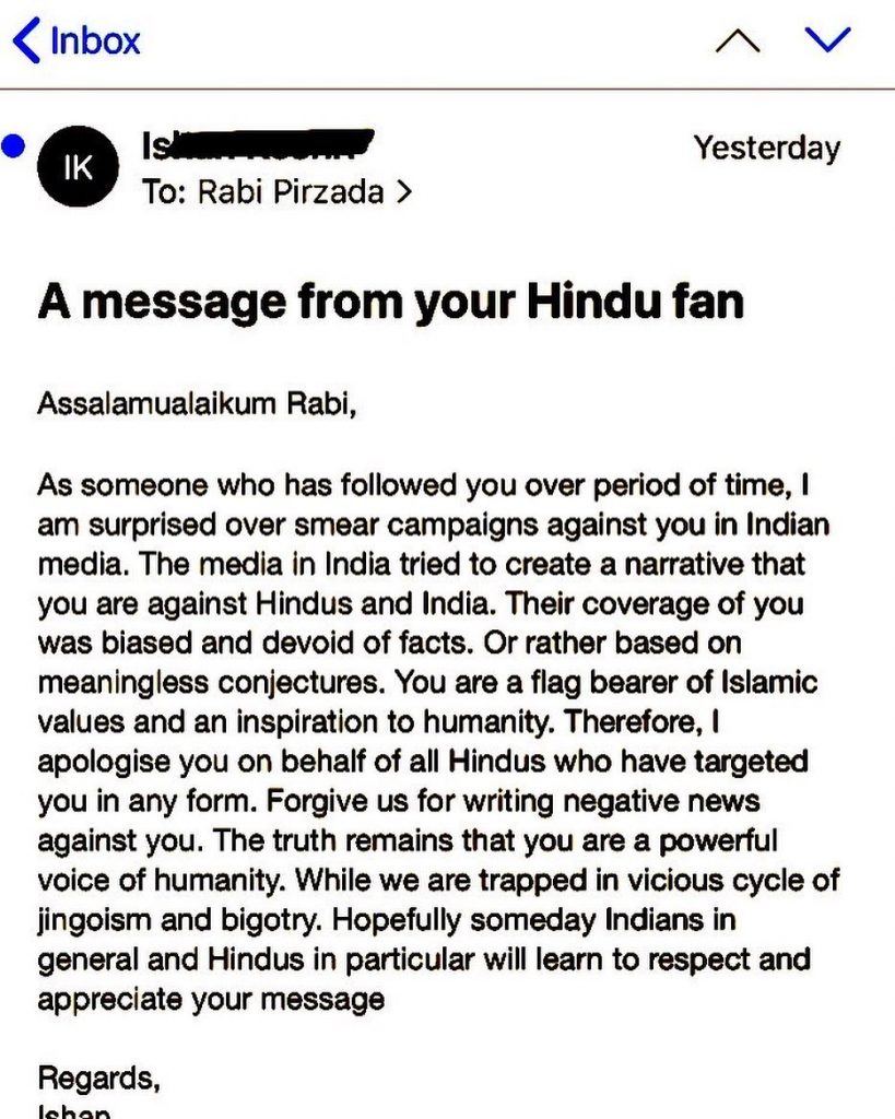 Rabi Pirzada Receives Appreciation From A Hindu Fan