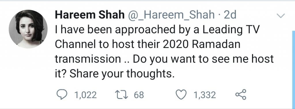 Is Hareem Shah Going To Host Ramzan Transmission 2020