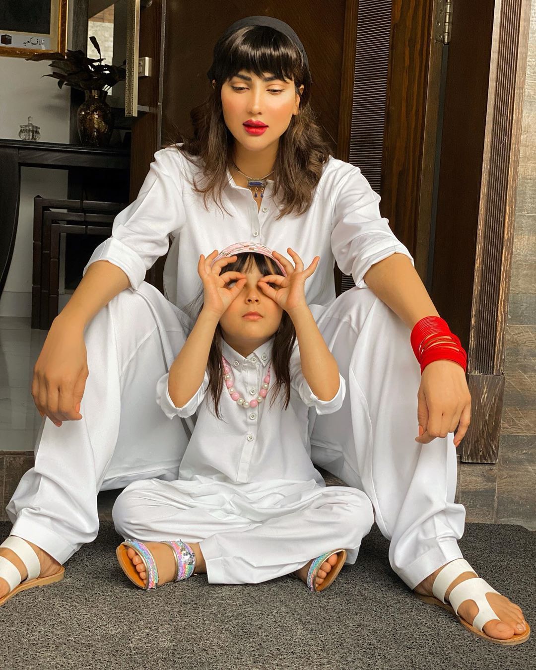 Cute Pictures of Actress Fiza Ali with her Daughter in White Dress