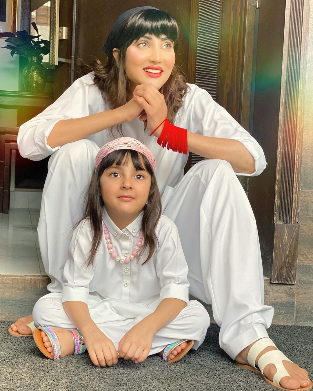 Cute Pictures of Actress Fiza Ali with her Daughter in White Dress