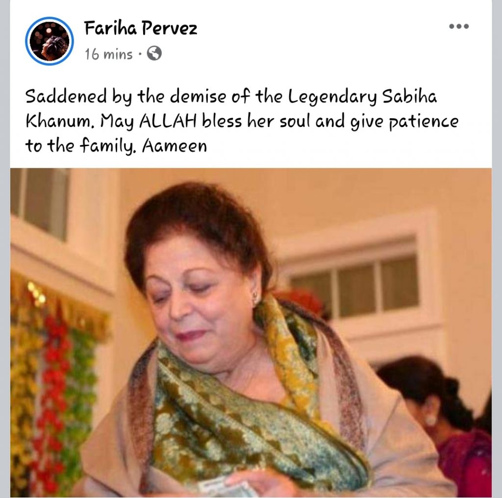 Celebrities Pay Condolences On The Death Of Sabiha Khanum