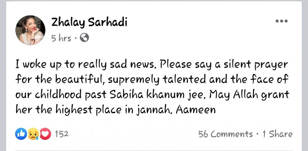 Celebrities Pay Condolences On The Death Of Sabiha Khanum