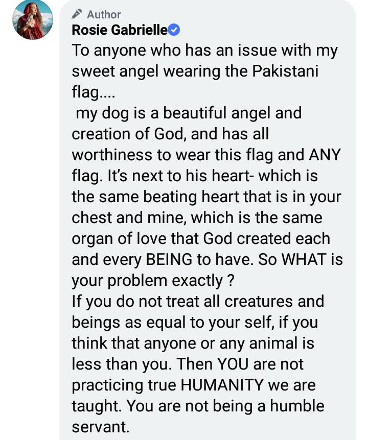 Rosie Gabrielle Receives Hate For Dressing Dog In Pakistani Flag