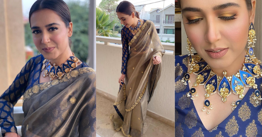 Mansha Pasha Looks Ethereal In Wintry Blue Saree