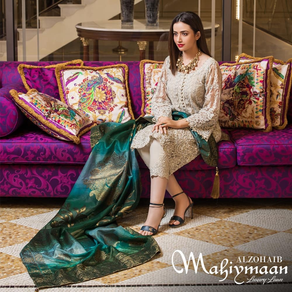 Latest Collection Of Alzohaib Textile Featuring The Gorgeous Sana Javed