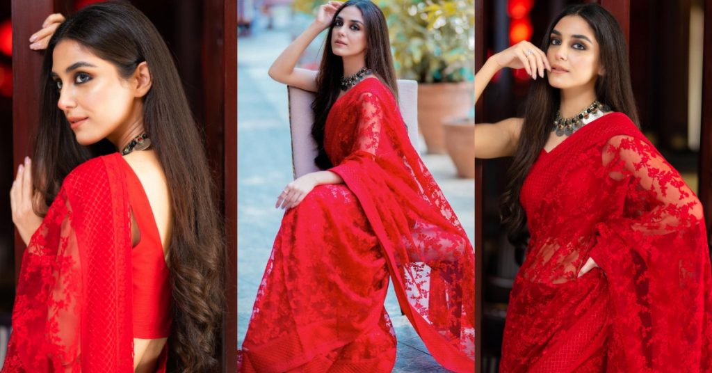 Maya Ali Looks Vibrant In Gorgeous Red Saree By Faiza Saqlain