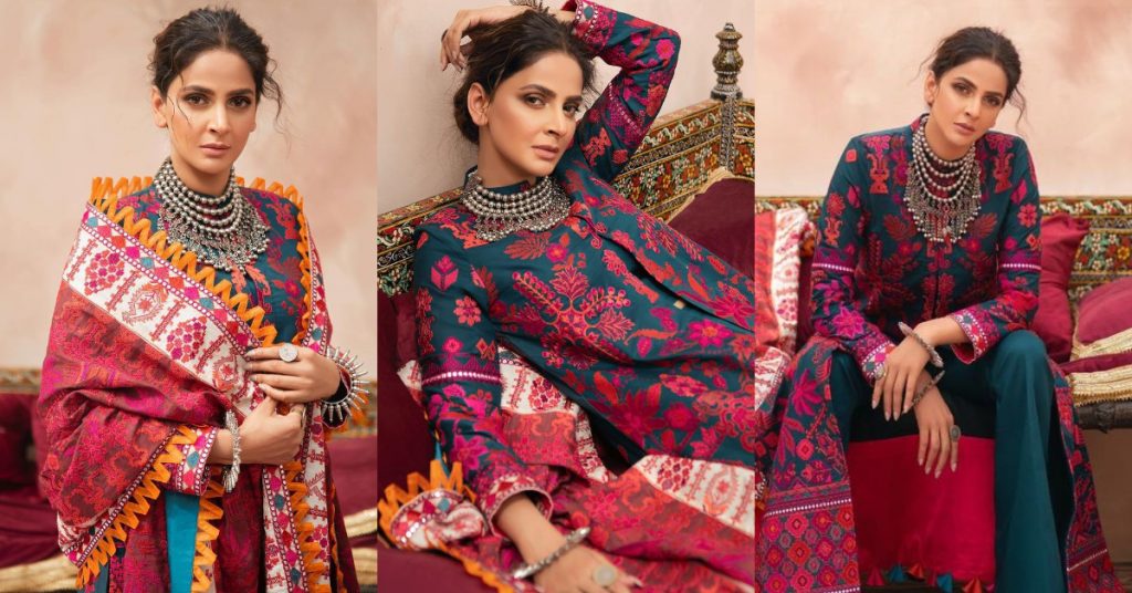 Maryam Hussain's Latest Lawn Collection Featuring Saba Qamar