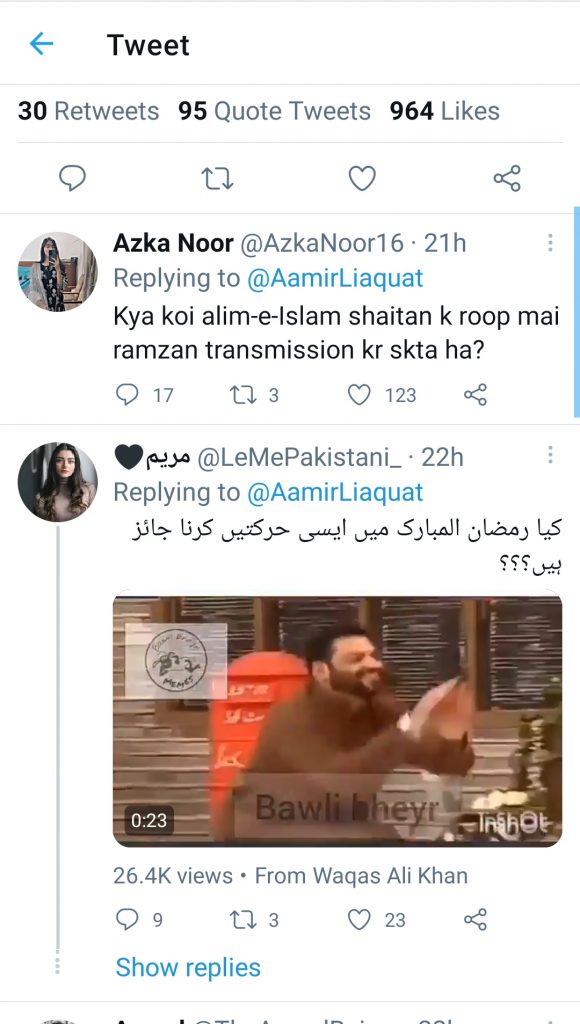 Twitter Trolls Aamir Liaquat For His Recent Content