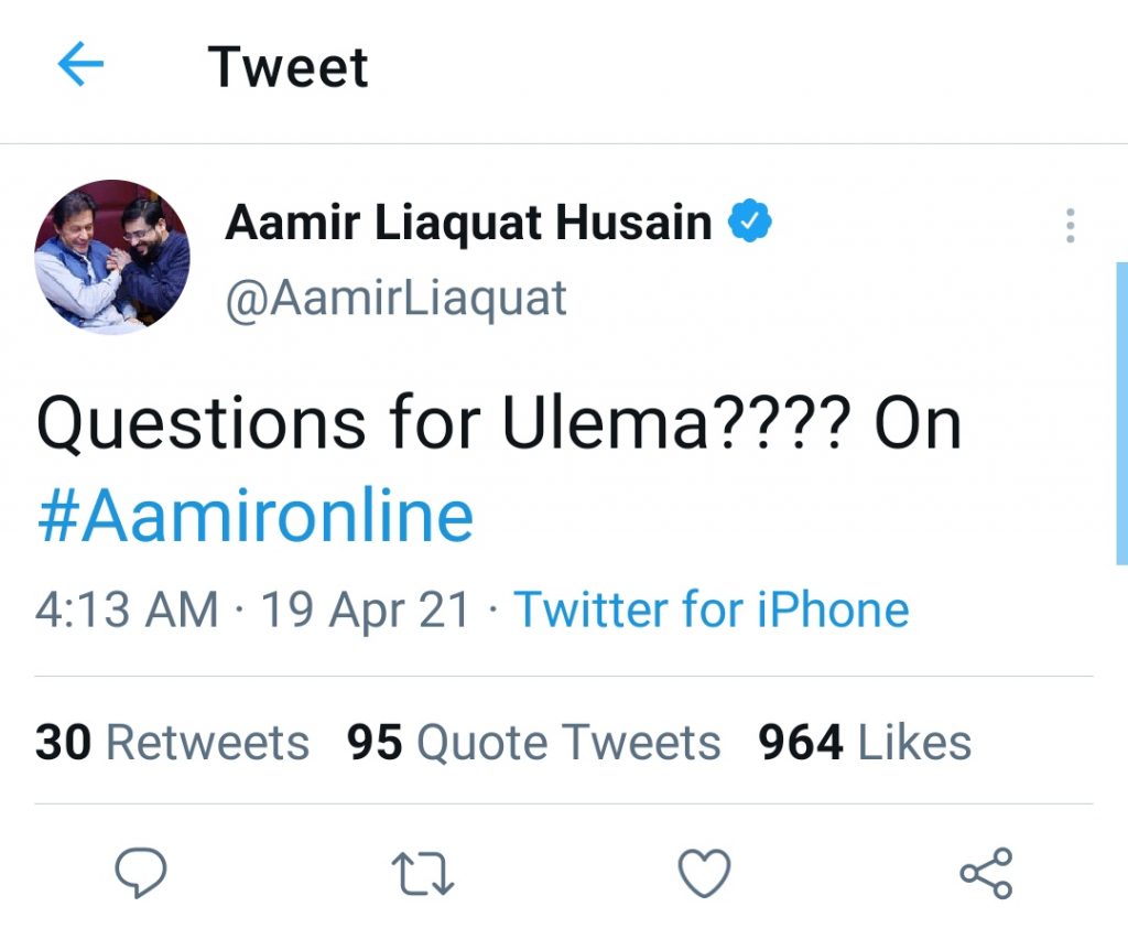 Twitter Trolls Aamir Liaquat For His Recent Content