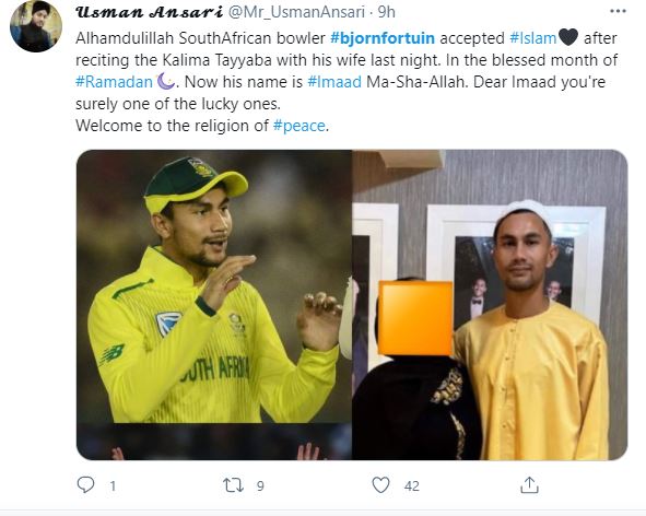 South African Cricketer Bjorn Fortuin Embraces Islam