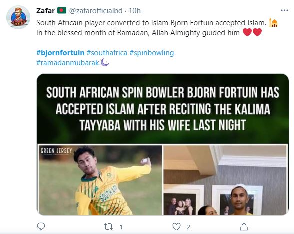 South African Cricketer Bjorn Fortuin Embraces Islam