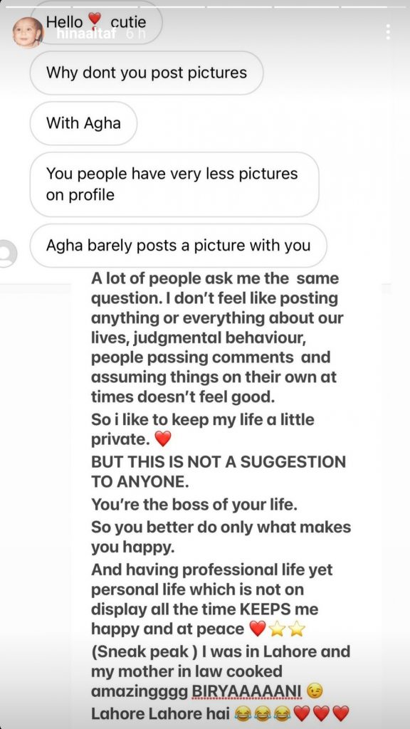Hina Altaf Opened Up About Not Sharing Pictures With Aagha Ali