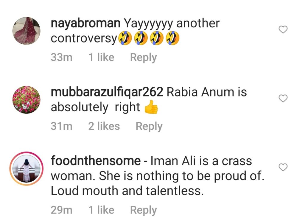 Rabia Anum Calls Out Iman Ali On Her Recent Statement