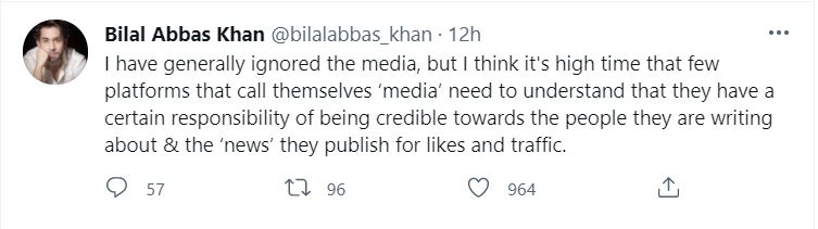 Bilal Abbas Khan Slams Media Outlets And Publications