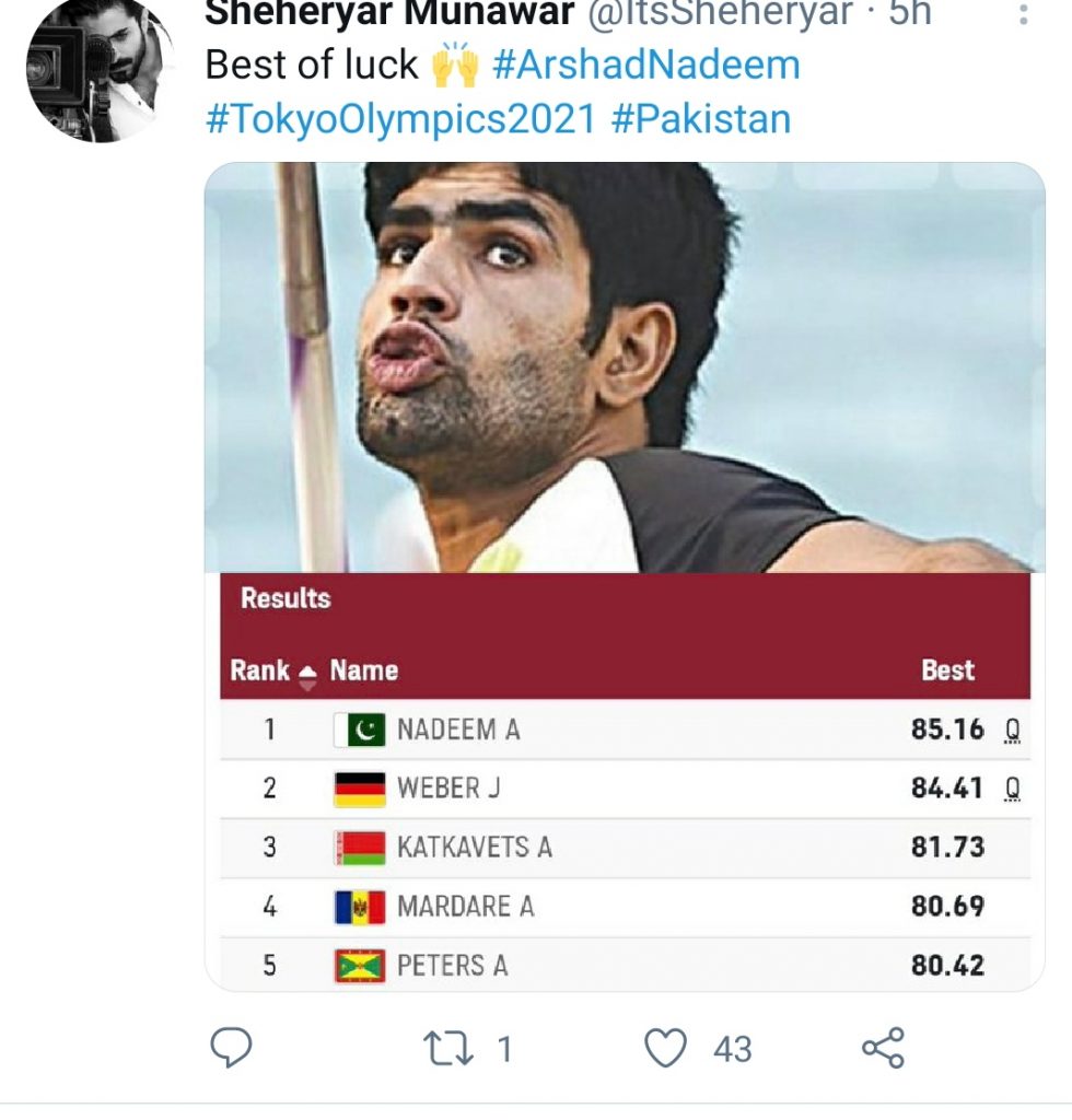 Celebrities Wishing Arshad Nadeem Who Reached Final Round Of Javelin Throw