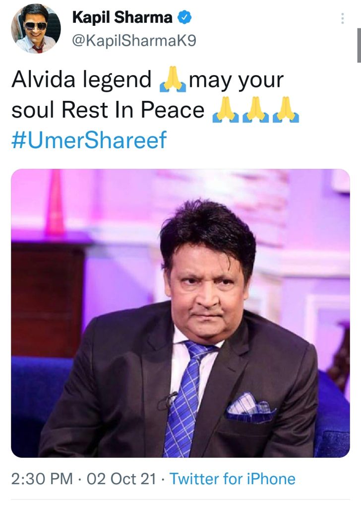 Indian Celebrities Extend Condolences On Umer Sharif's Death