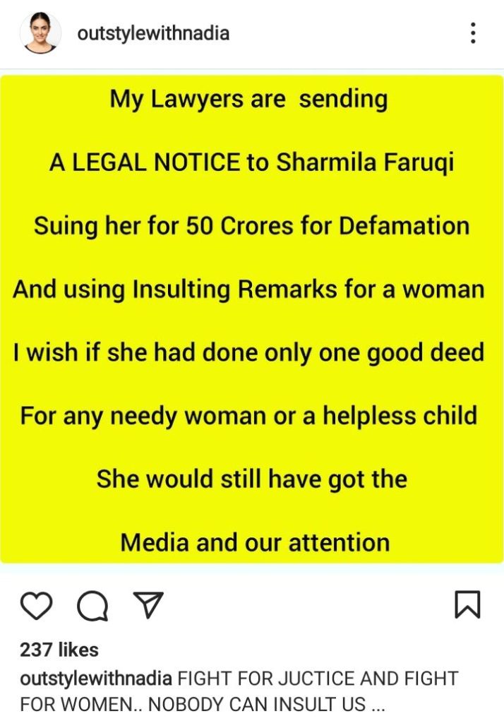 Nadia Khan Is Filing 50 Crore Defamation Lawsuit Against Sharmila Faruqi