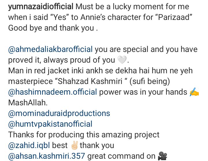 Yumna Zaidi Bids Farewell To Parizaad