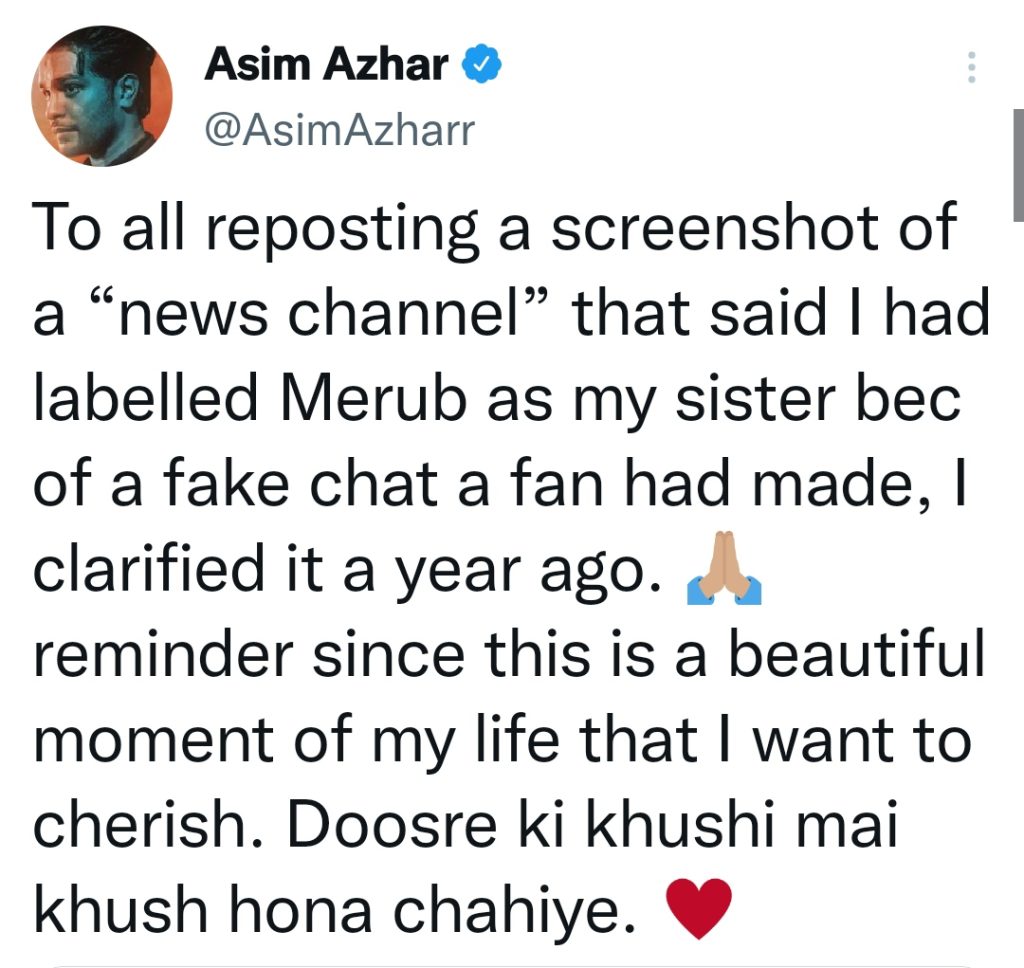 Asim Azhar's Clarification on Calling Merub Ali His Sister