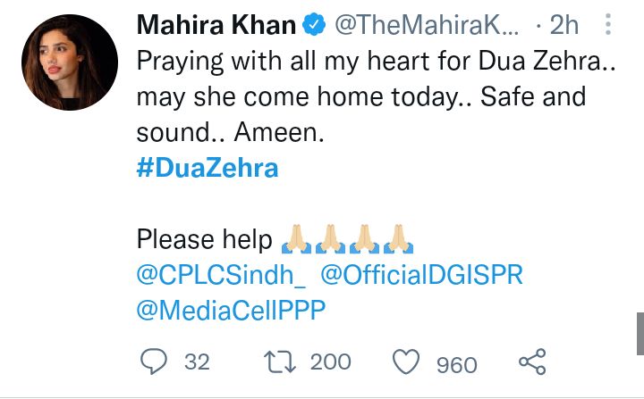 Pakistani Celebrities Raise Their Voices For Dua Zehra